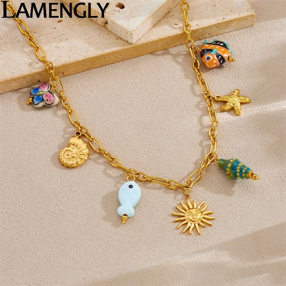 

LAMENGLY 316L Stainless Steel Exaggerated Sun Cute Fish Butterfly Conch Pendant Necklace Women Fun Leisure Clavicle Chain Gifts
