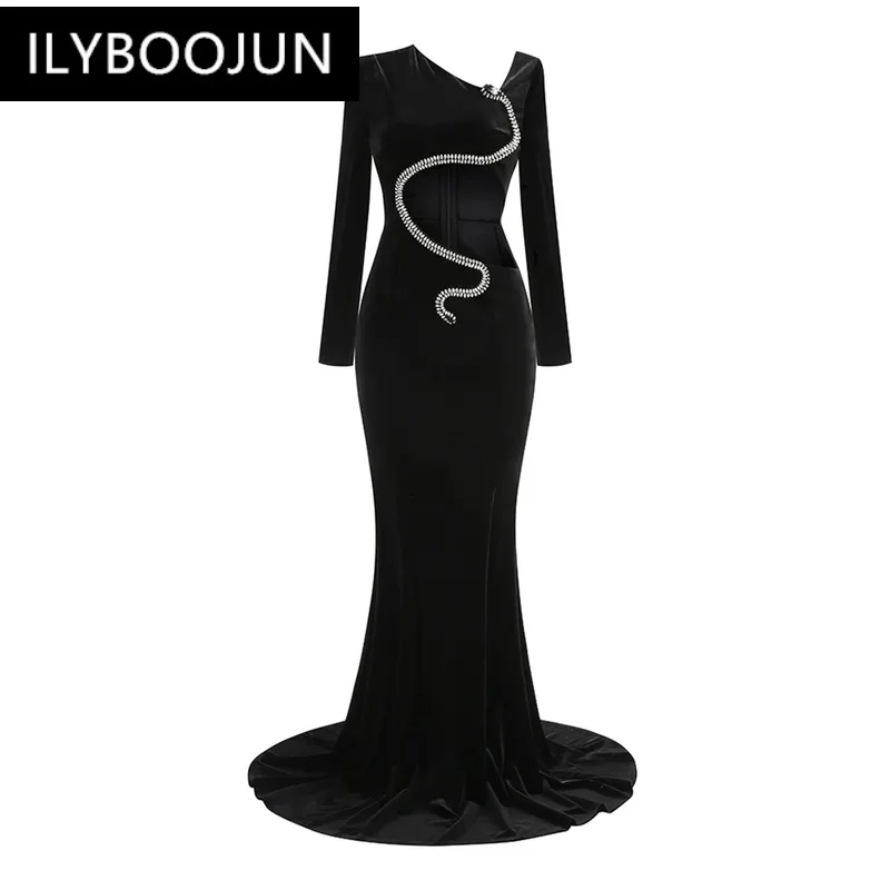 Robe de Rhélégante à manches longues pour femmes, robes de soirée sexy, diamant creux, noir, longueur de vadrouille formelle, marque