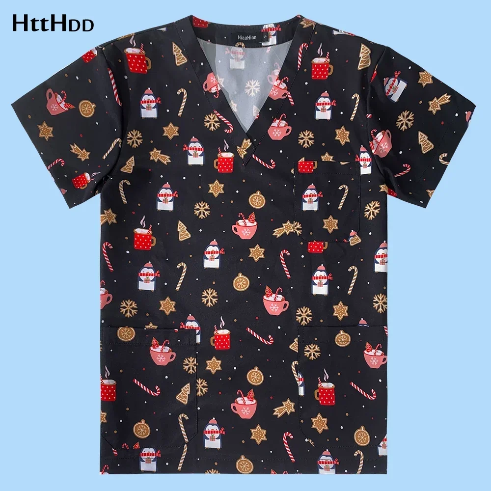 Beautician Workear Unisex cartoon print breathable scrub tops lab uniform scrub shirt lady men dustproof work uniform Christmas