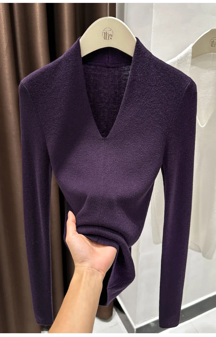 AOSSVIAO Herbst Winter Schwarzer Damen-Pullover mit V-Ausschnitt, langärmelig, schmale Passform, weicher Strickpullover, weiche, vielseitige Basic-Layering-Tops – Detail 14