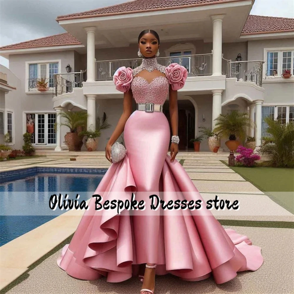 Unique Pink Mermaid Aso Ebi Evening Dresses Ruched Shoulder Ruffles Crystals African Wedding Gowns Formal Party Customized
