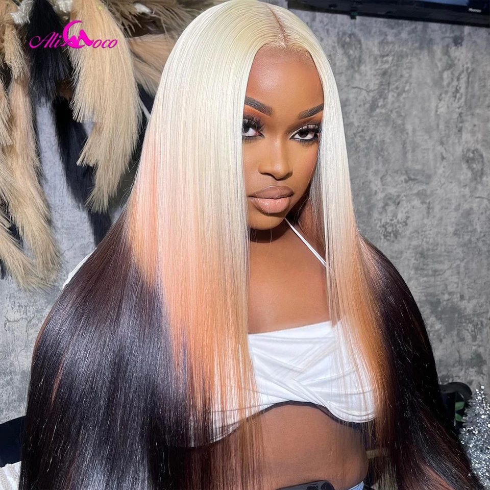 

613 Orange Brown Straight Human Hair Wig Ombre Colored 13x4 13x6 Transparent Lace Front Human Hair Wigs For Woman 613 Blonde Wig