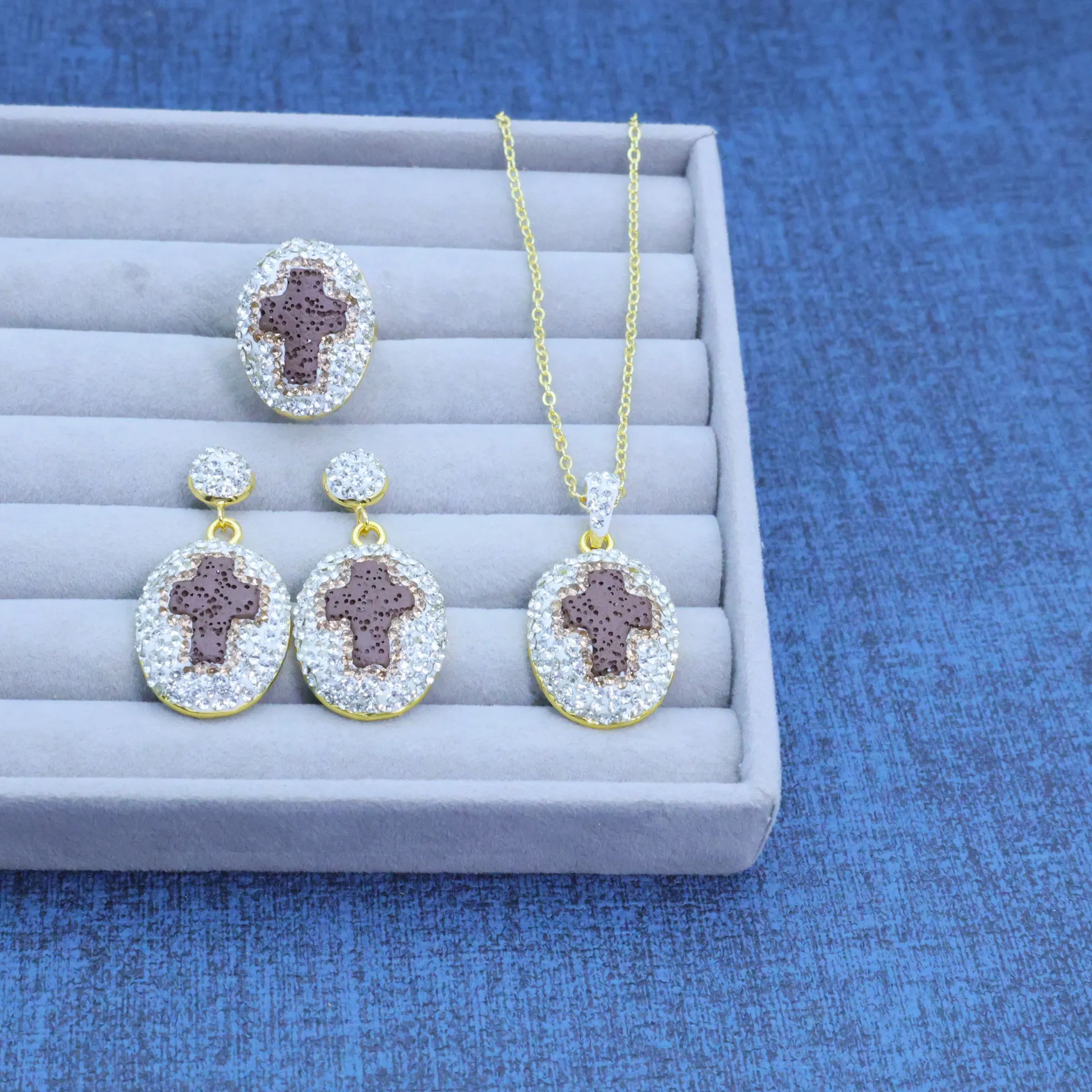 New style volcanic stone cross jewelry DIY three-piece earrings necklace ring manufacturer wholesale