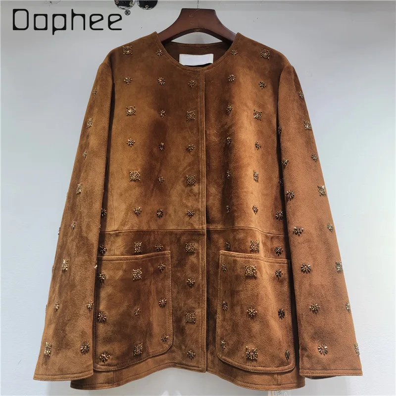 

European American Style Heavy Beaded Embroidery Round Neck Long Sleeve Suede Jacket Elegant Socialite High-end Loose Casual Top