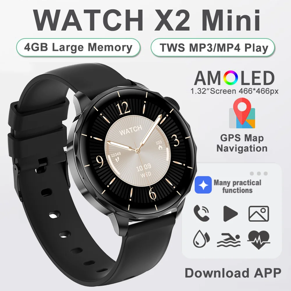 ساعة جديدة X2 ساعة ذكية صغيرة شاشة AMOLED 4GB MP3 MP4 لاعب بلوتوث شبكة مشاركة APP مخزن الذكية AI ساعة رجالية ساعة رياضية