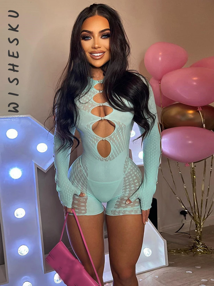 

Sexy Transparent Mesh Bodycon Slim Playsuits Women Long Sleeve Night Club Party Evening Casual One Piece Rompers 2022 Summer