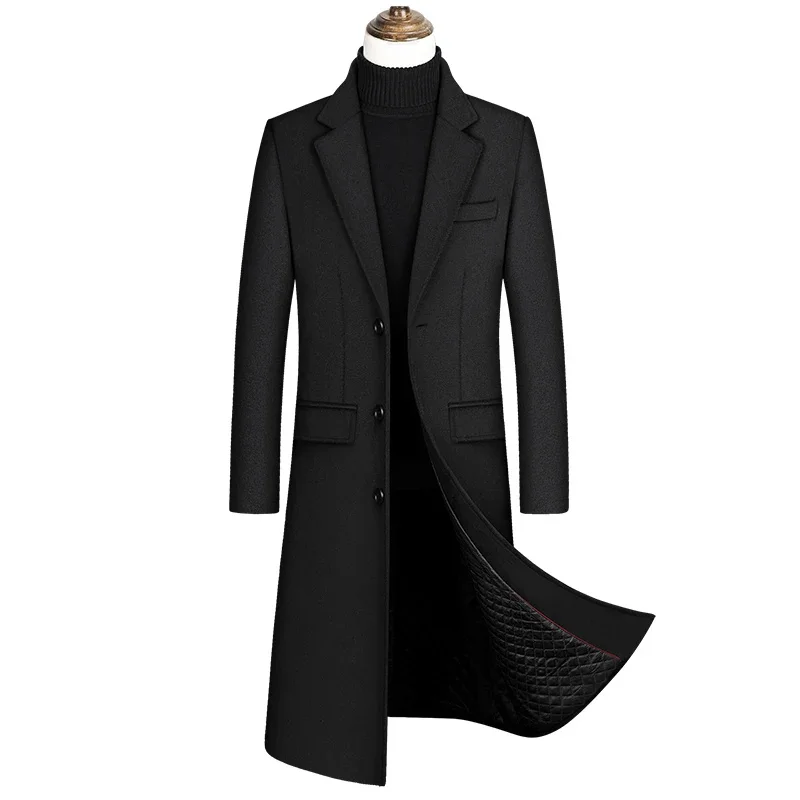 2024 Autumn and Winter Boutique Woolen Black Gray Classic Solid Color Thick Warm Men's Extra Long Wool Trench Coat Male Jacket