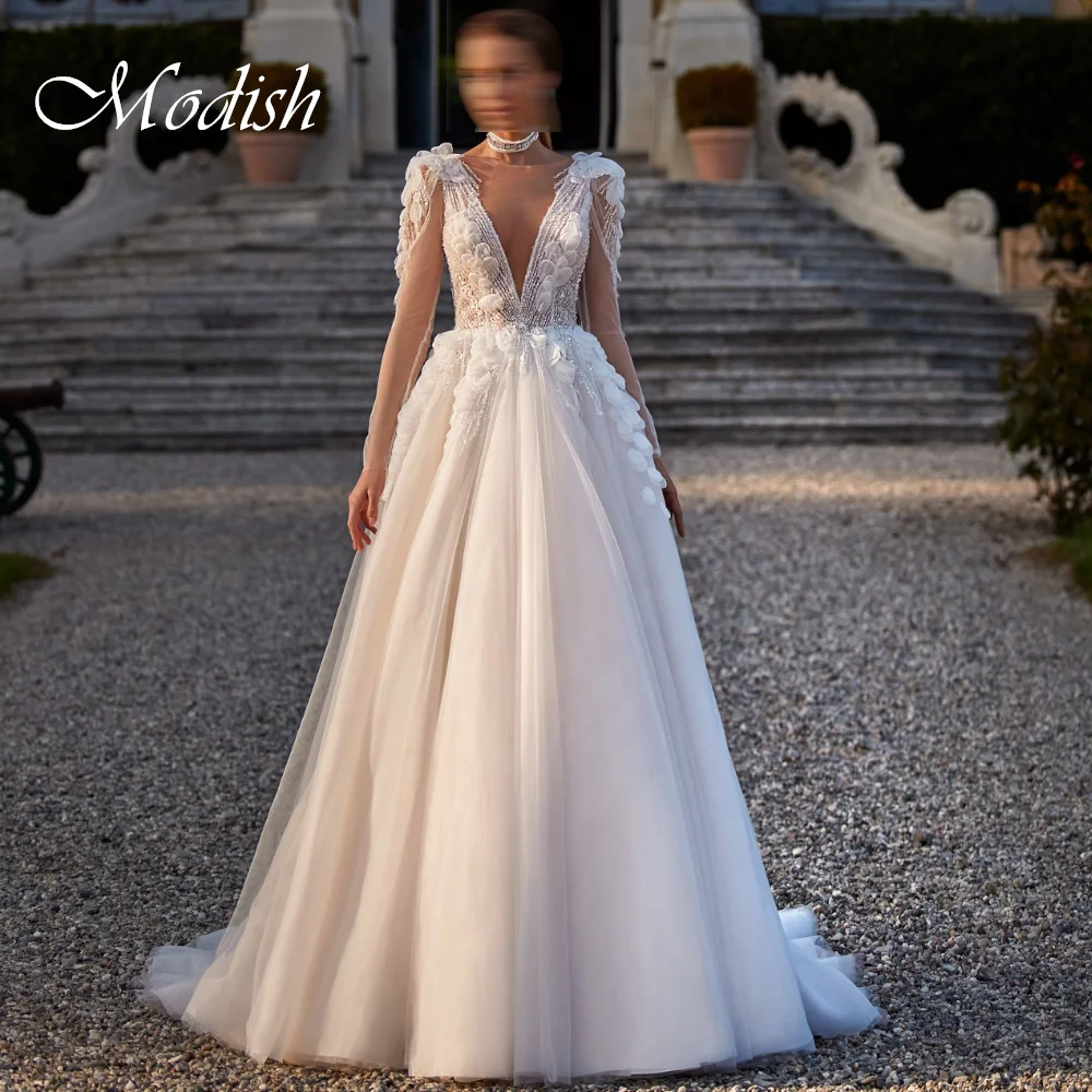 

Customized White Long Sleeves V-neck Exquisite Wedding Dress Appliques Beading Sequined Bridal Gowns High Quality Robe de mariée
