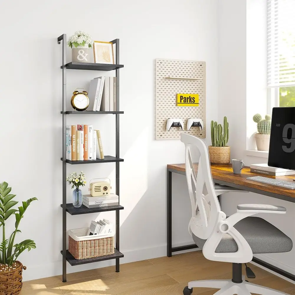 Vintage 5-Tier Metal Framed Wood Bookshelf - Wall Mounted Display Rack for Home & Office, Black