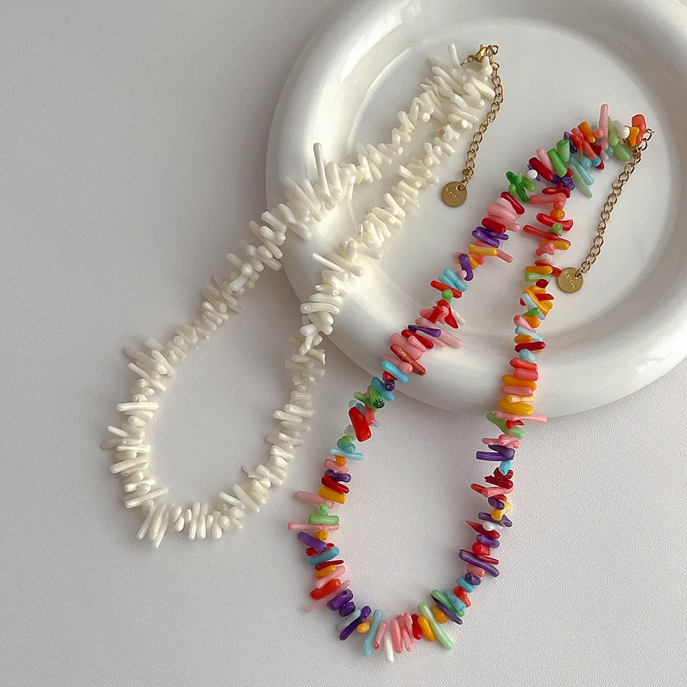 ‌Natural Coral Necklace Delicate Thin Chain Beach Vacation Style Boho Jewelry‌