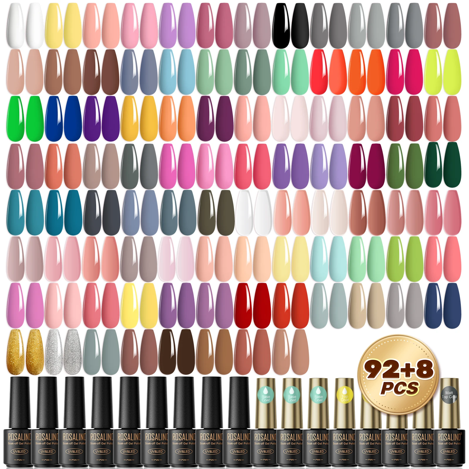 ROSALIND Nail Gel Polish Set-92 Colors Gel Polish Set with 8 Bottles of Base and Matte Top Coat for Gift Box