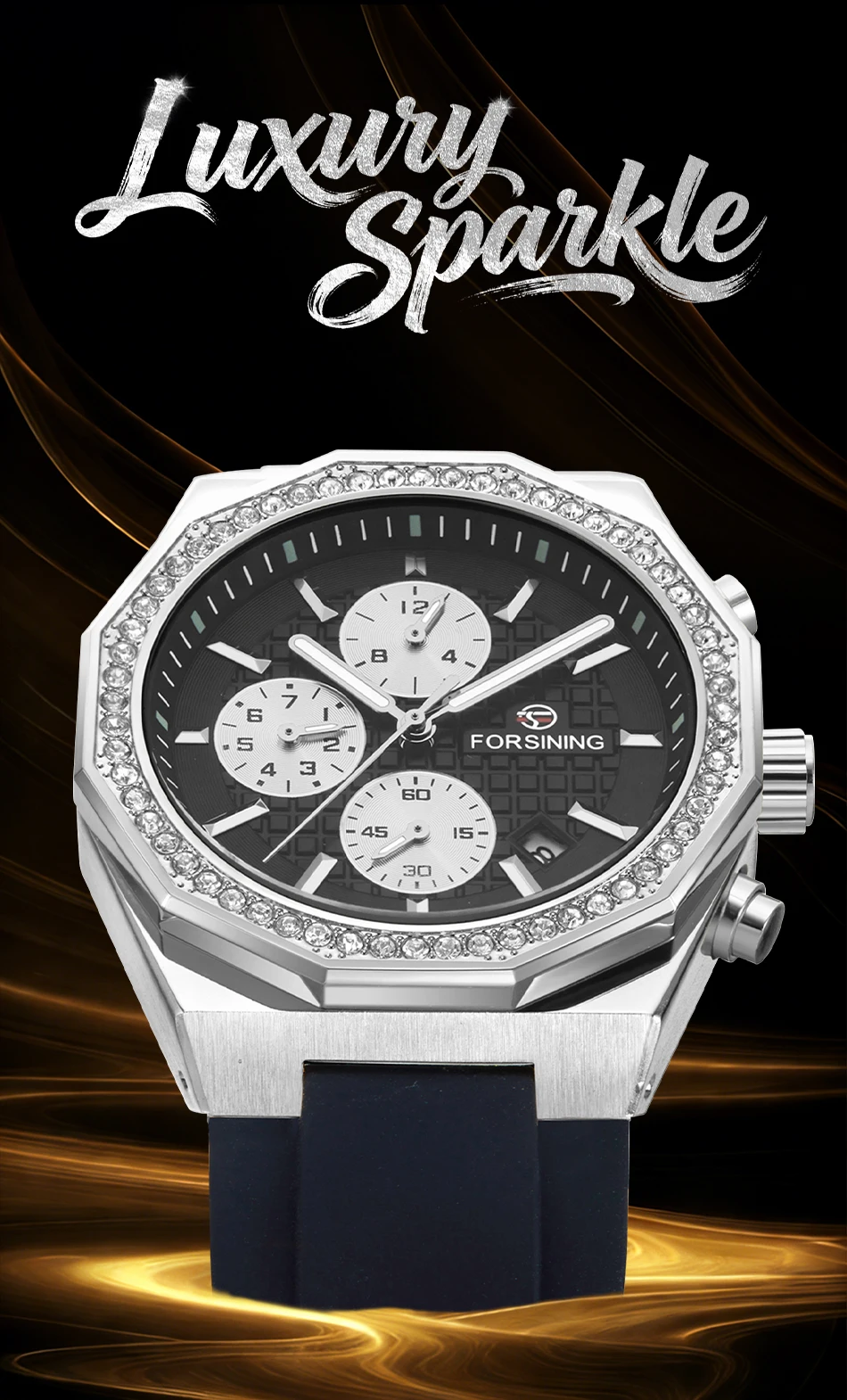 FORSINING Fashion Polygon Men's Watches Multi Function Calendar Luminous Automatic Mechanical Diamond Bezel Silicone Strap Watch