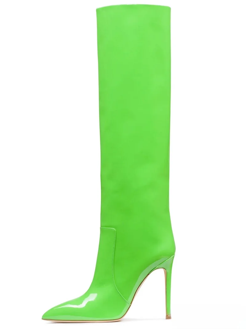 Matte or Patent Leather Knee Boots Stiletto Heels Pointed Toe Long Boots Dark Green Sexy Dress Shoes Size 46