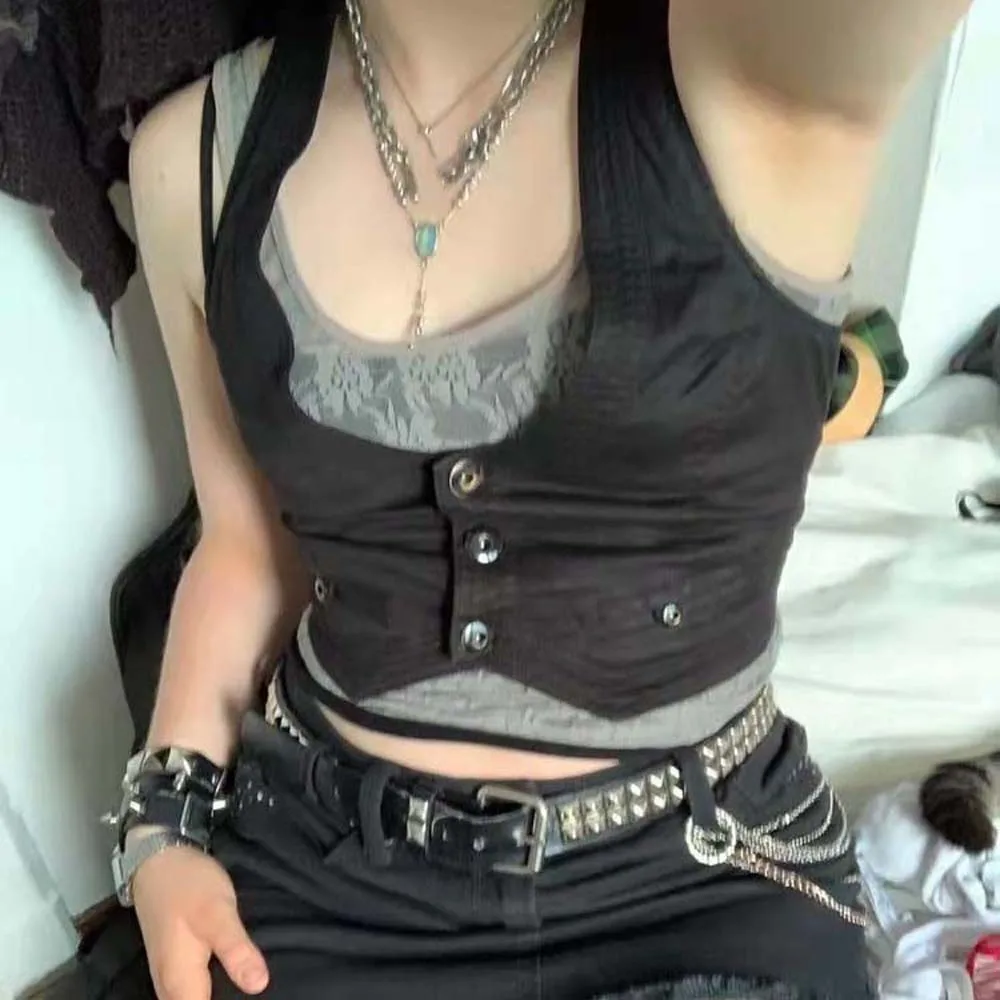

Sleeveless Women Waistcoat Suit Vest Cropped Tops Buttons Breasted Vest Jacket Punk Style Corsetier Dressy Waistcoat