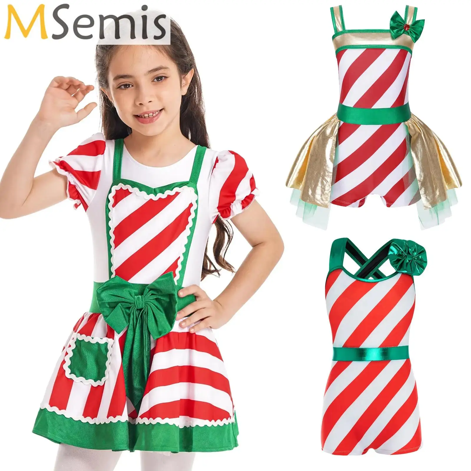 

Teen Girls Figure Skating Baton Twirling Tutu Dress Christmas Candy Cane Striped Dancewear New Year Santa Clause Cosplay Costume