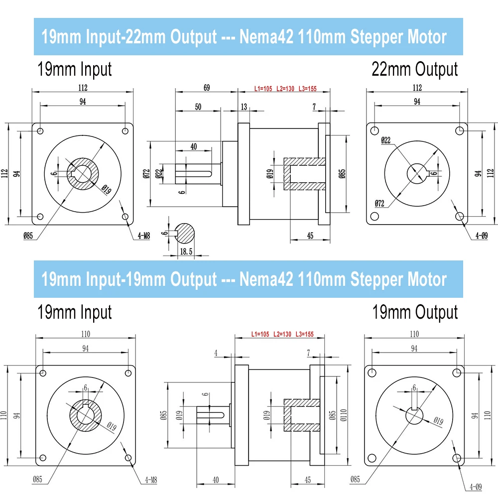 Planetary Reducer 19mm Input 19/22mm Output Shaft 3000rpm Speed Ratio 3:1-216:1 for Nema42 110mm Stepper Motor/110mm Servo Motor