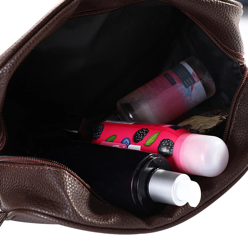 Trousse de toilette en cuir PU avec fermeture éclair pour hommes et femmes, trousse à cosmétiques de voyage, trousse de maquillage, trousse de poudres, évaluation