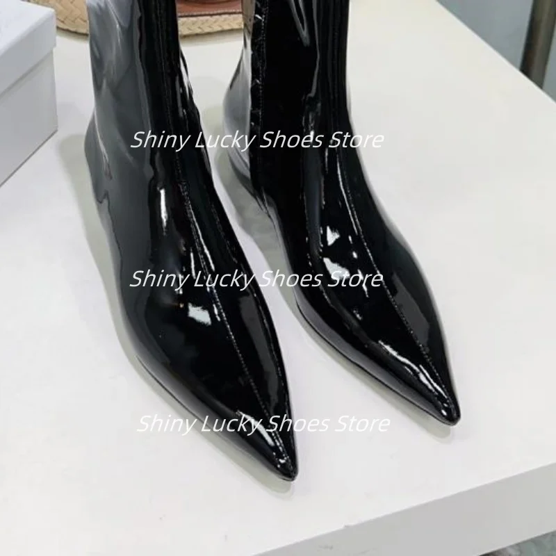 

Женская обувь с швейными линиями, женские полусапожки на низком каблуке с острым носком и боковой молнией, однотонные женские лакированные кожаные ботинки, Zapatos Mujer