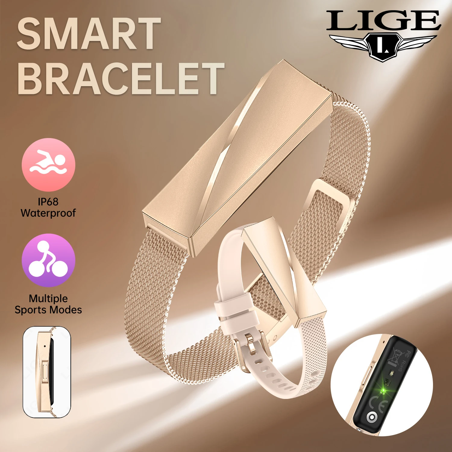

LIGE новый роскошный умный браслет для женщин, напоминание о вызове, анализ сердечного ритма, спортивный фитнес-трекер, водонепроницаемые умные часы