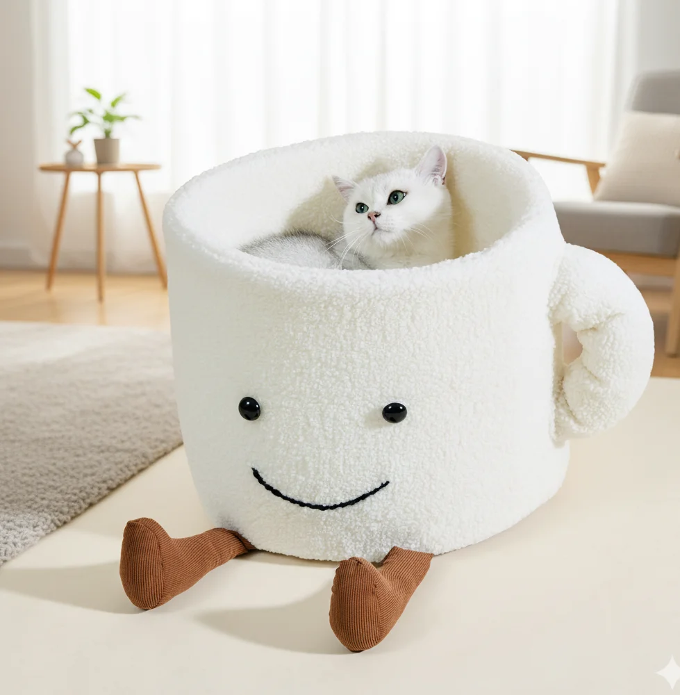 Warmes Winter-Katzenbett, süße Kätzchenhütte im Kaffeetassenstil mit weichem Plüsch, tragbares kleines Katzennest für Kätzchen und Katzen im Innenbereich ​