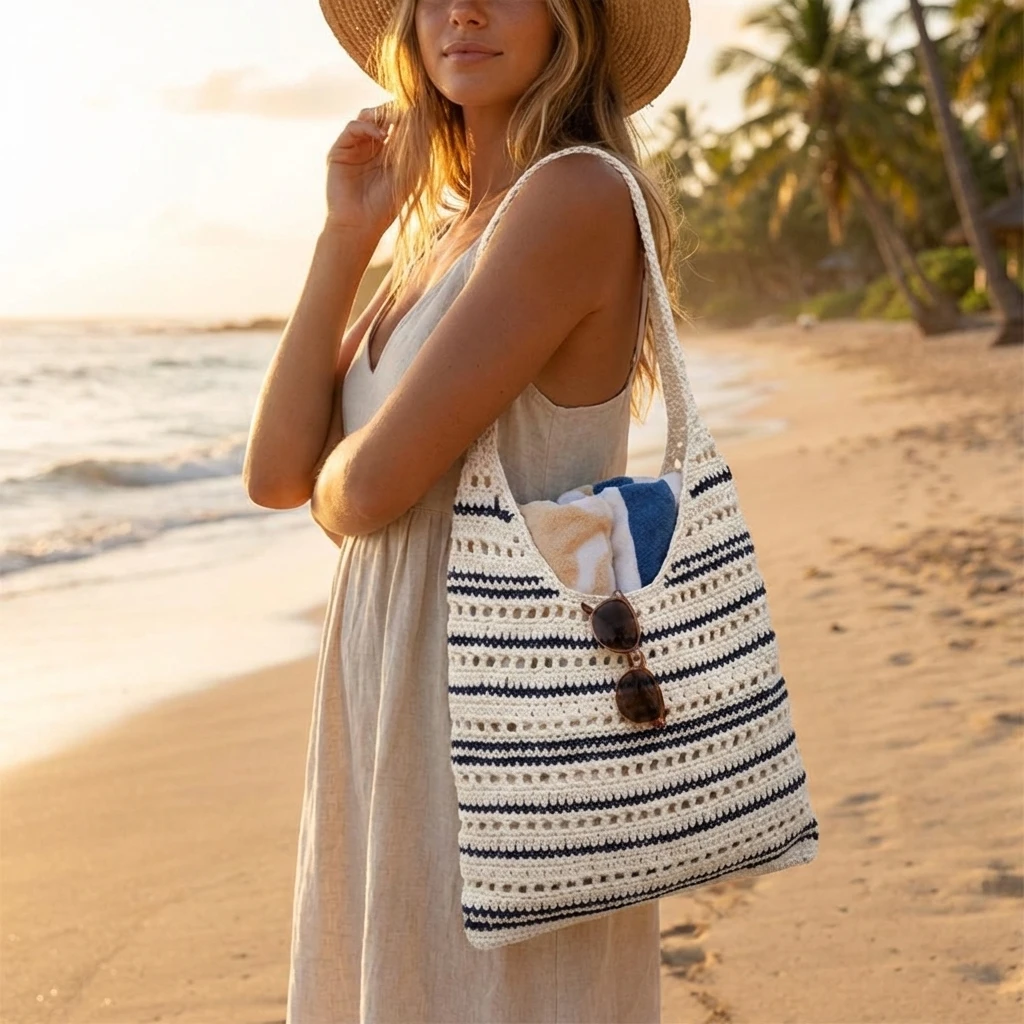 

Crochet Tote Bag Striped Woven Shoulder Bag Large Capacity Straw Beach Handbag Fashion Casual Daily Commuting Shopper Tote Bag