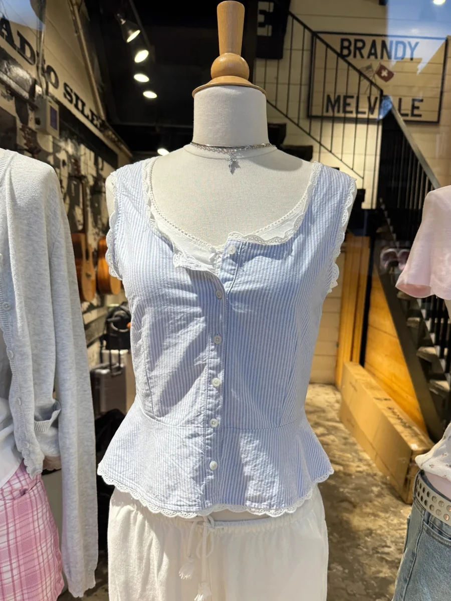 

Lace Trim Blue Striped Crop Top Women Summer Single-breasted Cotton Slim Camisole Female Cute Sweet Sleeveless Tank Tops Y2k