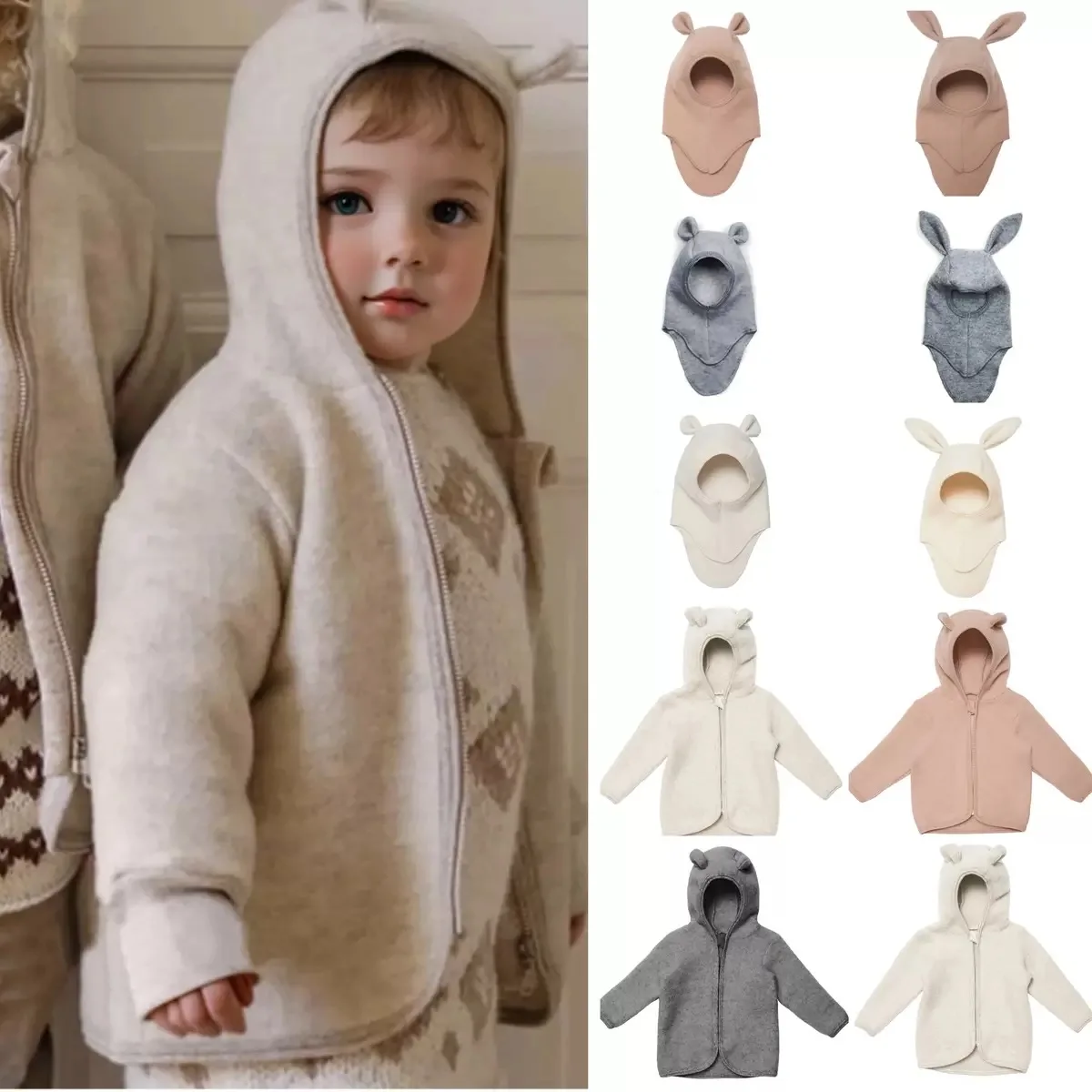 

Toddler Boys and Girls Winter Autumn Jackets White Pink Grey Solid Color Kids Loose Stylish Coat Hat