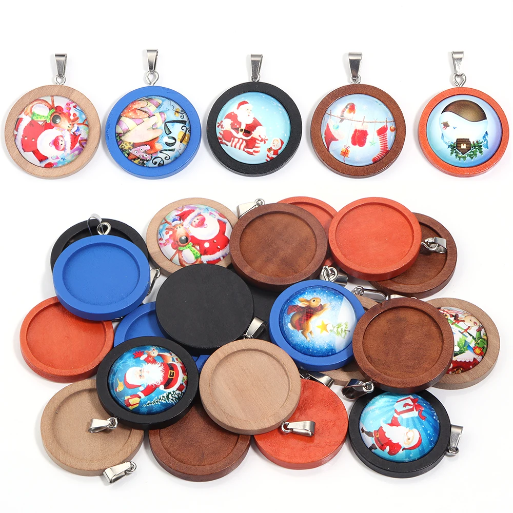 1set/lot 25mm 5pcs Round Blank Cameo Pendant Cabochon Base Trays with 10pcs Christmas Pattern Glass Cabochon for Jewelry Making