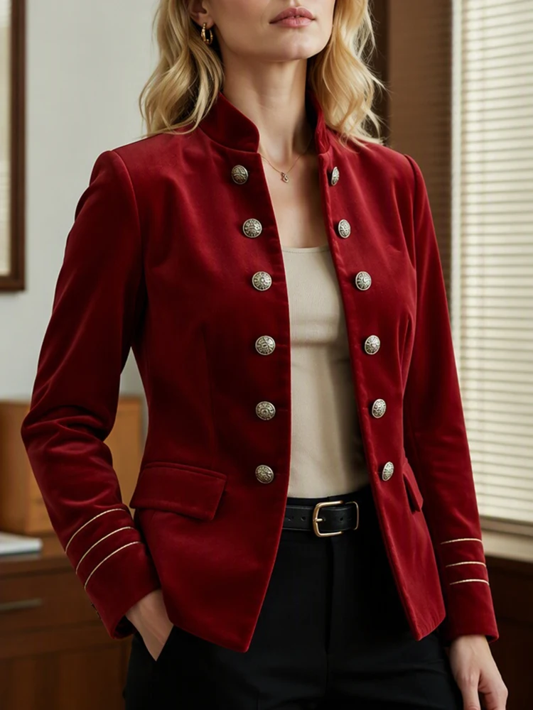 Women Vintage Velvet Office Blazer Stand Collar Double Breasted Slim Fit Jacket For Business Formal Fashon Party Daily Outerwear