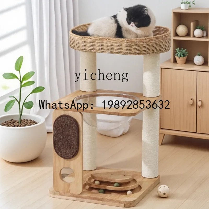 Solid Wood Cat Climbing Frame Nest Tree Scratching Board Summer Rattan Space Capsule Sisal Ball Cat Toy