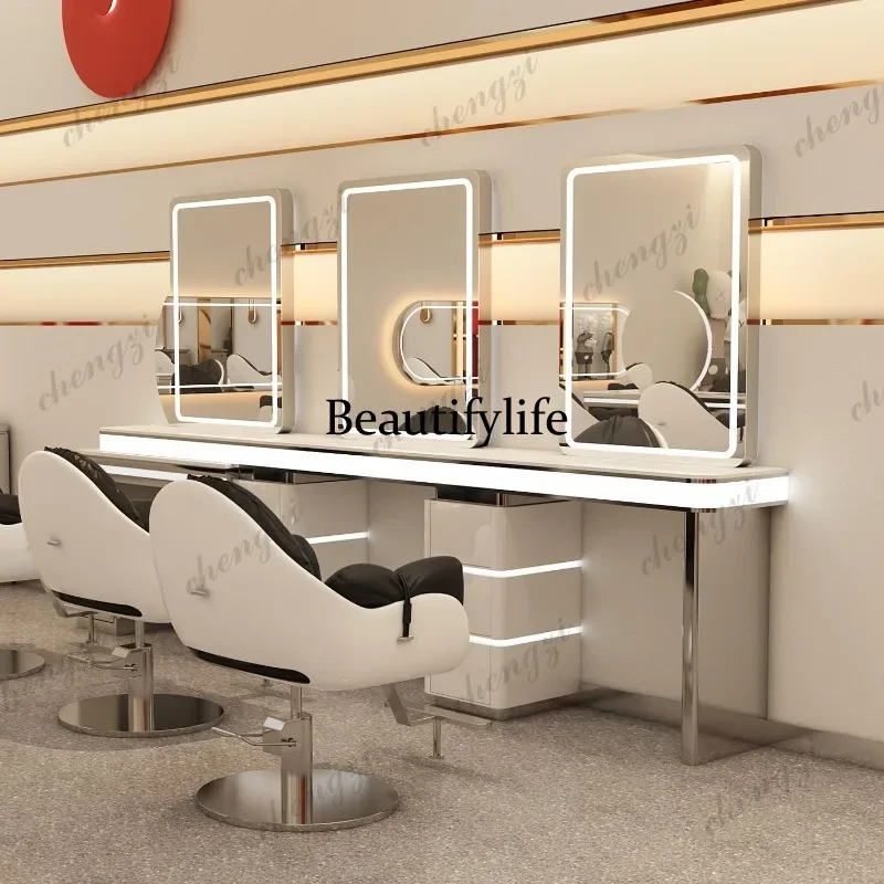 Z138 Barber shop perm, dye and cut hair mirror, hair shop double-sided mirror table, floor-to-ceiling marble for hair salon