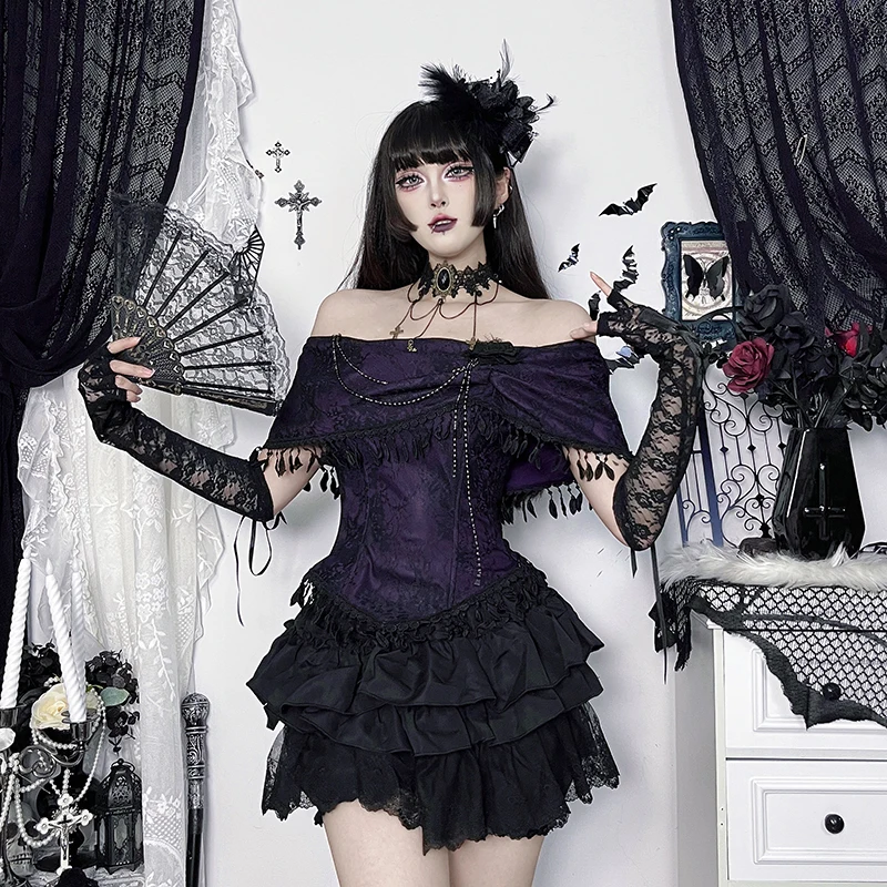 القوطية خارج الكتف الساخن فتاة المرأة الأعلى 2025 الخريف الشتاء جديد أسود تنوعا الحلو كول مثير منتفخ نصف التنانير دعوى Adies #4