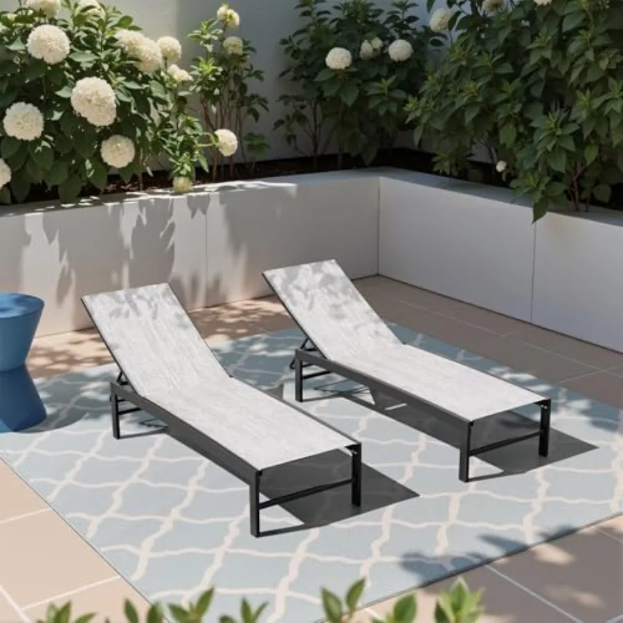 Outdoor pool lounge chair set of 2, aluminum frame with beige fabric, weather-resistant for patio beach yard pool use