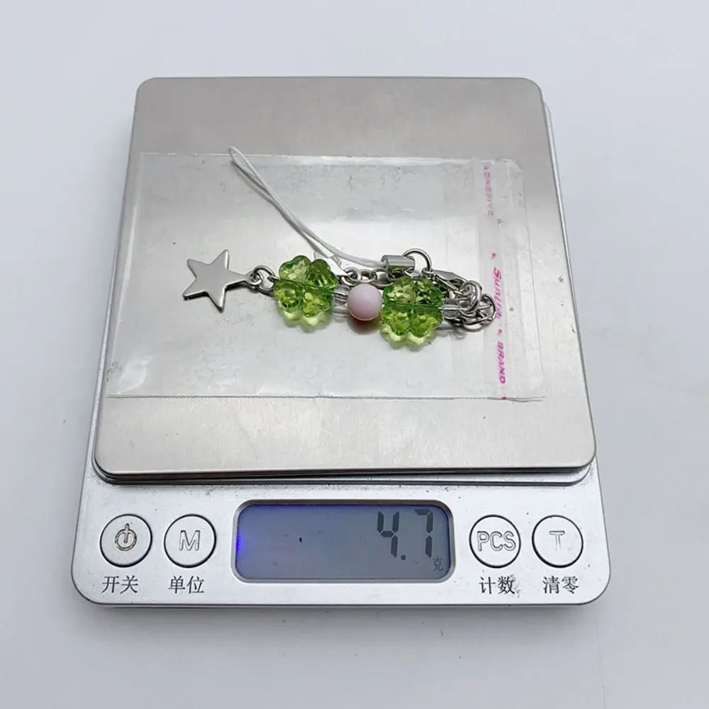 Summer Lucky Grass Phone Charms Refreshing Green Four-leaf Clover Beaded Keychain Y2k Five-pointed Star Grass Keychain Women