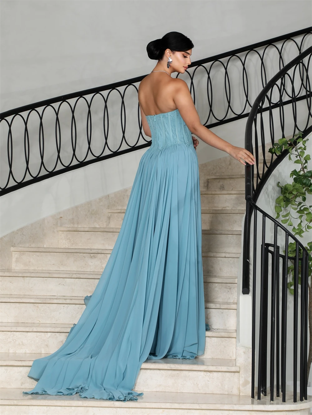 Vestido de noche de gasa azul suave personalizado, exquisitos vestidos de fiesta sin mangas sin tirantes, vestidos formales para ocasiones especiales
