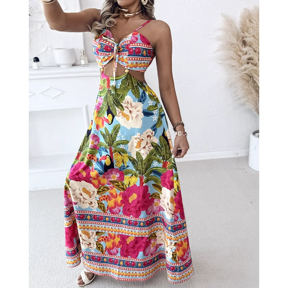 女性ファッションホルター花柄ボヘミアンスタイルドレスタイバックカットアウトマキシドレスビーチ衣装夏休み衣装