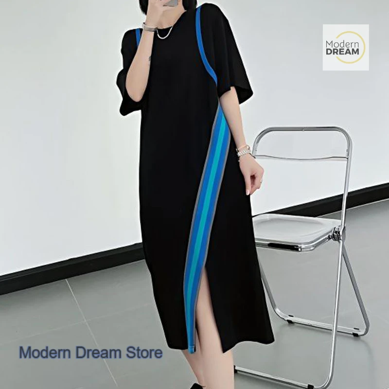 Franse stijl modeontwerp gevoel stiksels contrast splitjurk dames zomer nieuwe plus size losse T-shirtjurk met korte mouwen