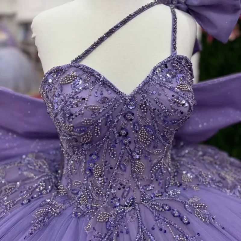 

Purple Quinceanera Dress off-shoulder crystal glitter decal Lace layering Bow Long tail vestidos de 15 Quinceanera ﻿Customize