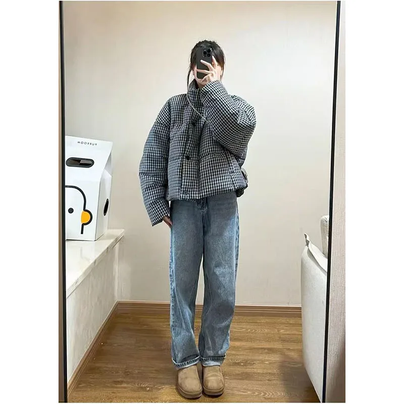 2024New Plaid Imbottiture Giacca di Cotone da Donna Breve Sezione Addensata Versione Coreana Stand-up Collare Pane Abbigliamento Cappotto da Donna