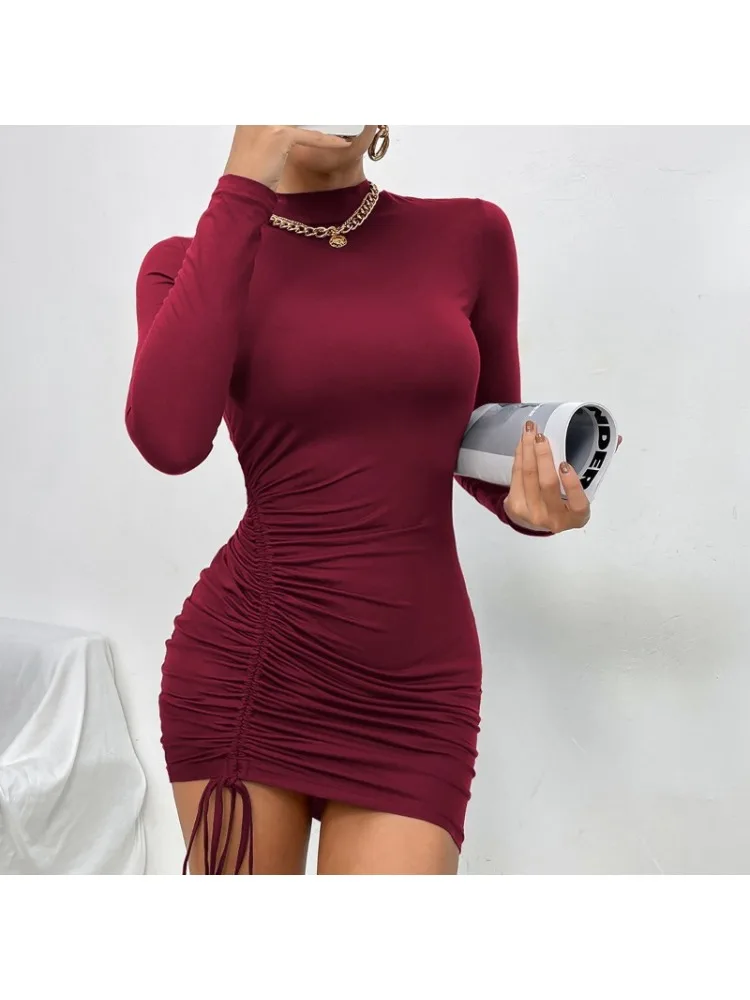 Nouvelles robes 2025 femme mode été col haut violet à manches longues plissée robe à nouer jupe vêtements pour femmes