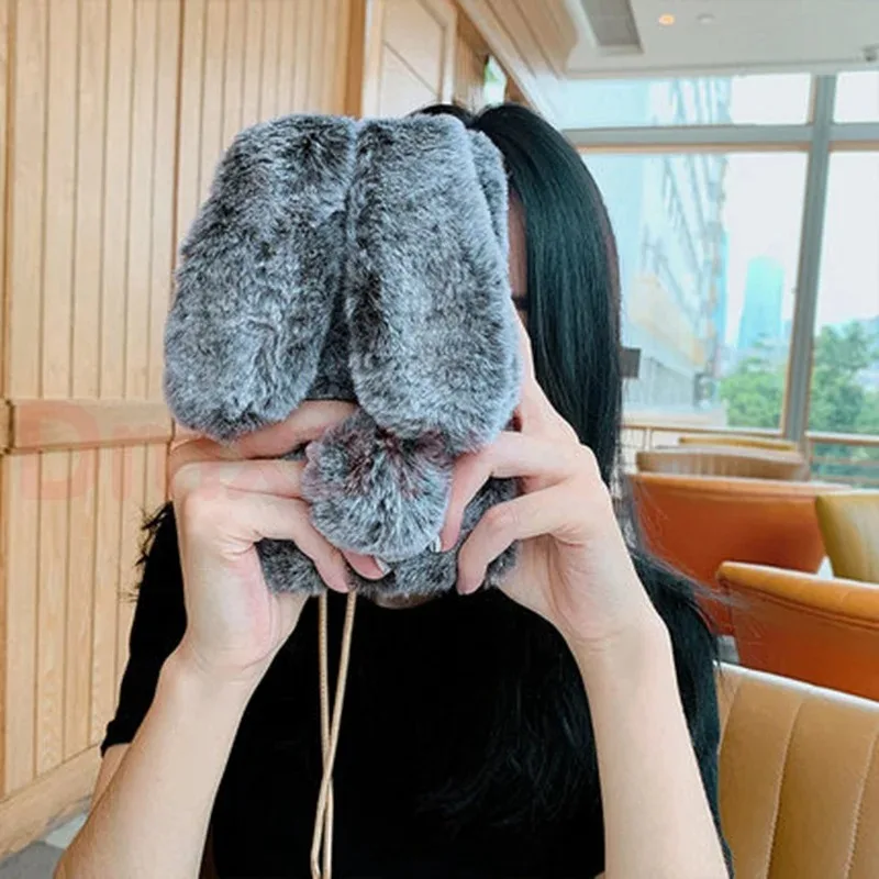 

For Motorola Moto G85 G84 Edge 50 Ultra G54 G34 G24 G14 Rabbit Hairy Warm Fur Plush Bunny TPU Case With lanyard