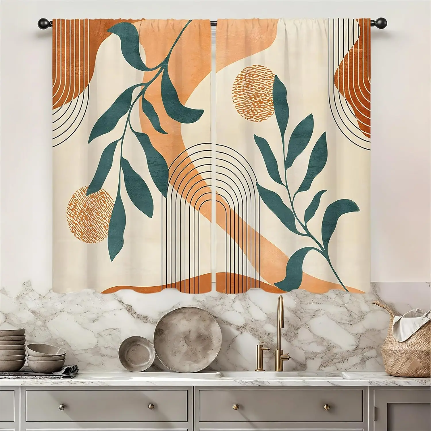 Mid Century Boho Kitchen Curtains 2 Panels Rod Pocket Geometric Modern Bohemian Arch Leaves Abstract Small Short Cafe Curtain