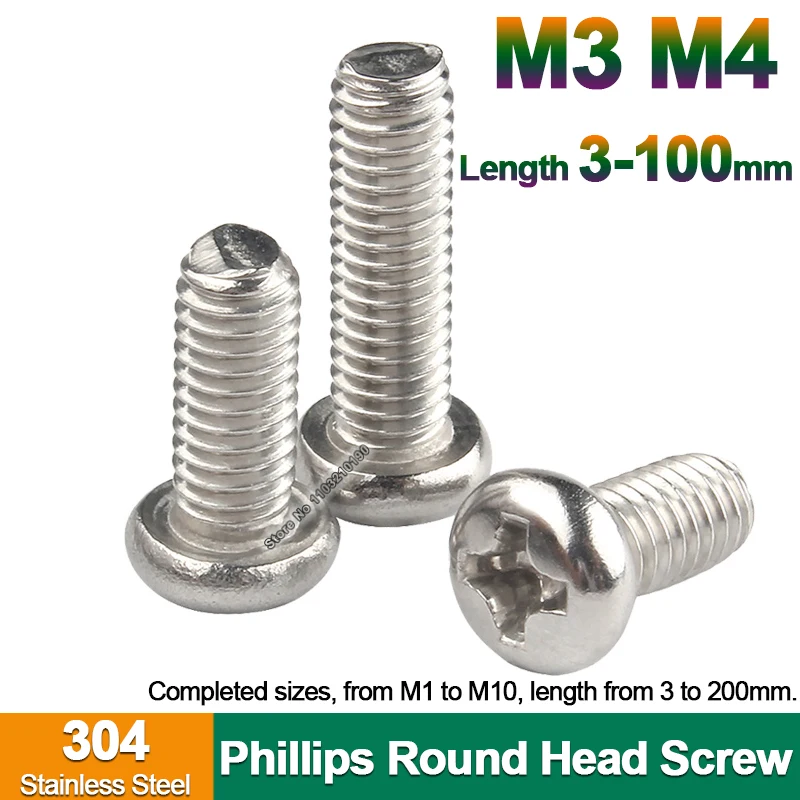 

30-50pcs M3 M4-M10 304 Stainless Steel Cross Phillips Pan Round Head Screw Bolts Length 3/4/5/6/7/8/9/10/12/14/16/18/20/22-100mm