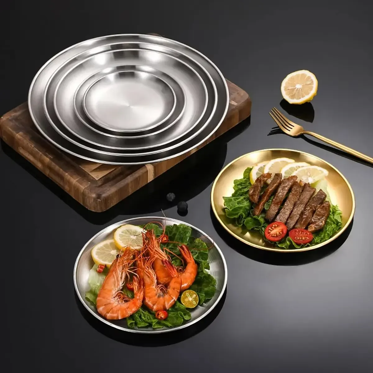 Stainless Steel Round Plate Bone Spitting Dish Shallow Tray Metal Camping Plate Dining Disc BBQ Picnic Dishes Cookware