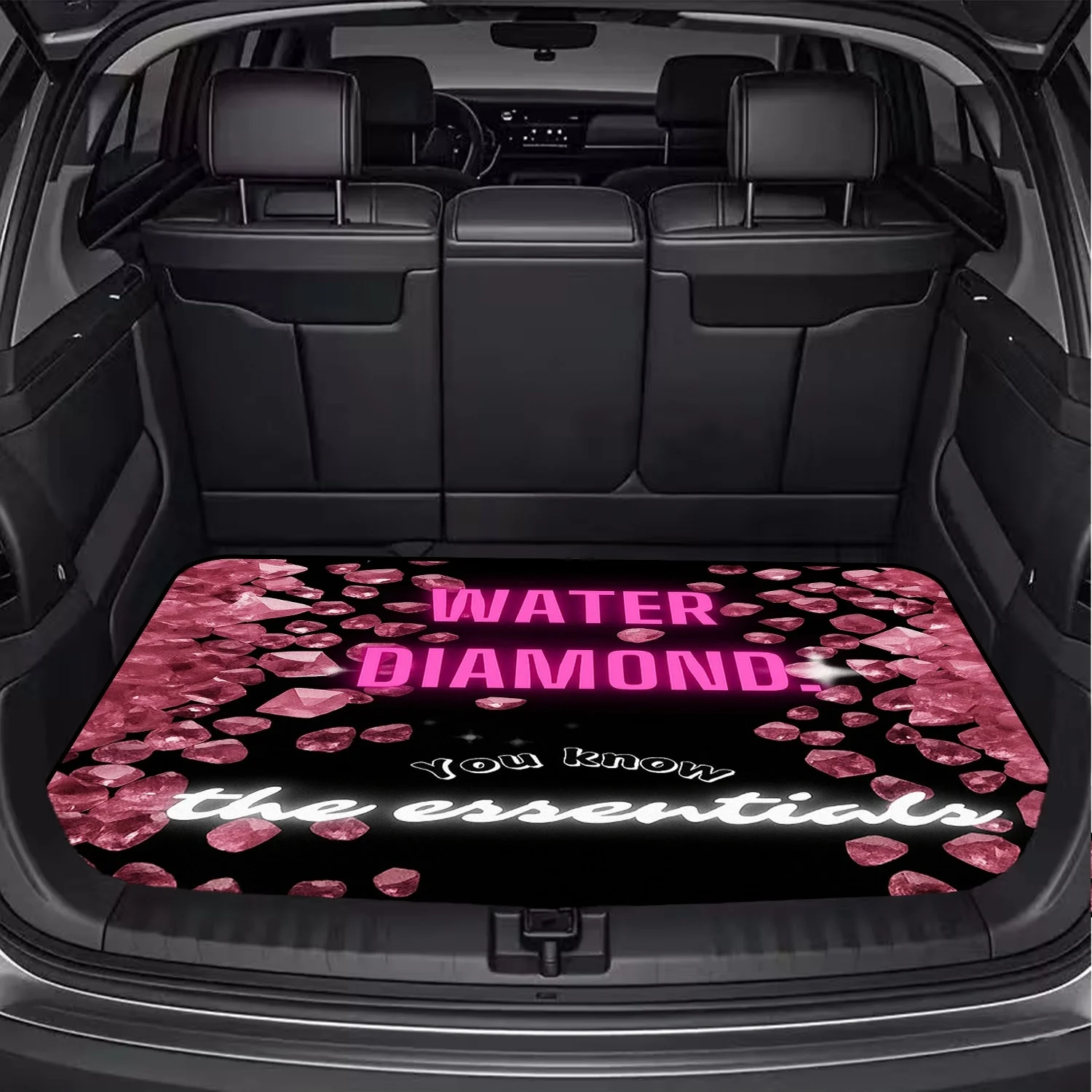 Car Trunk Mat, Black Background Pink Gemstone Water Diamond Letter Cargo Liner, Non-Slip Rear Trunk Protector, Women Car decor, Car Accessories, Interior Decoration Mat, Universal Fit For SUV Sedan Truck, G