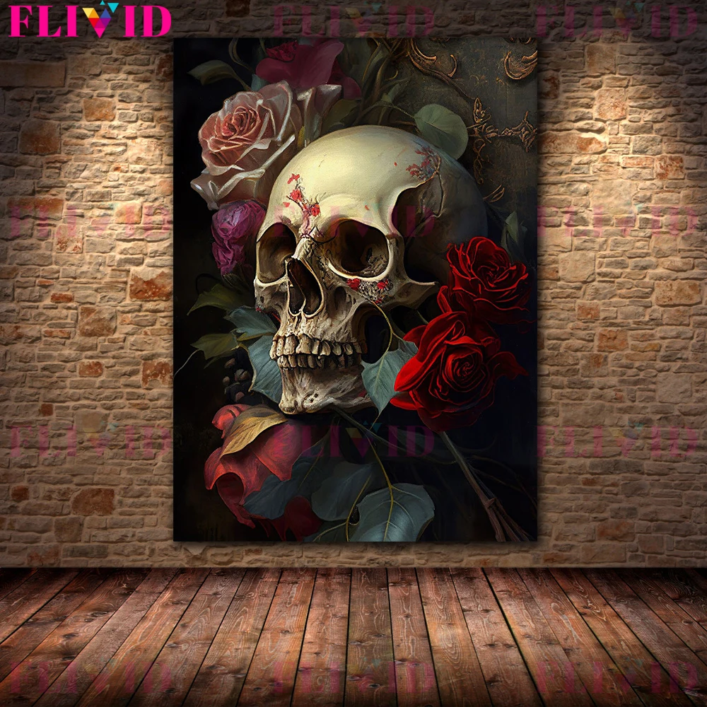 Romantic Skeleton Couple And Skull Coffee Wall Art Canvas Painting  Botanical Autumn Skeleton Portrait Art Psoter Print Decor