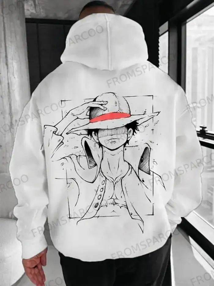 ワンピース パーカー メンズ 草帽族 スカルプリント コットン ストリートウェア プルオーバー ルーズフィット ユニセックス アニメ グラフィックデザイン スリーブロゴ