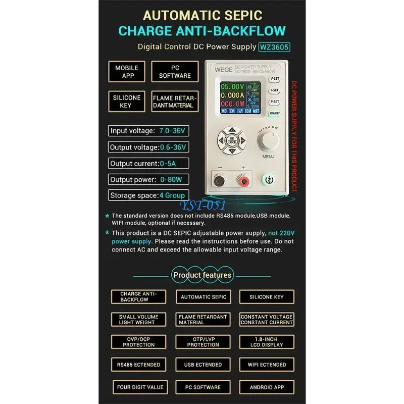 

E15A Adjustable Step-down for DC Power Supply Support PC Upper Computer 36V 5A