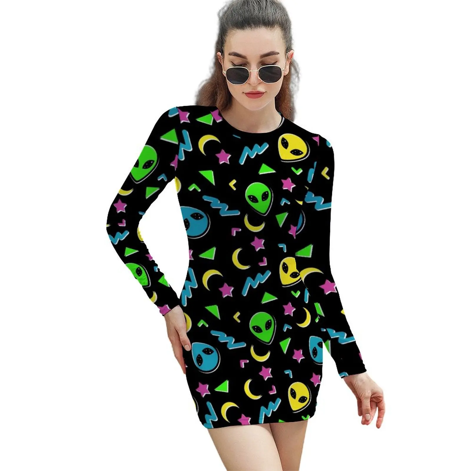 

90s Geometric Alien - Black and Neon Long-Sleeved Sheath Dress women evening dress