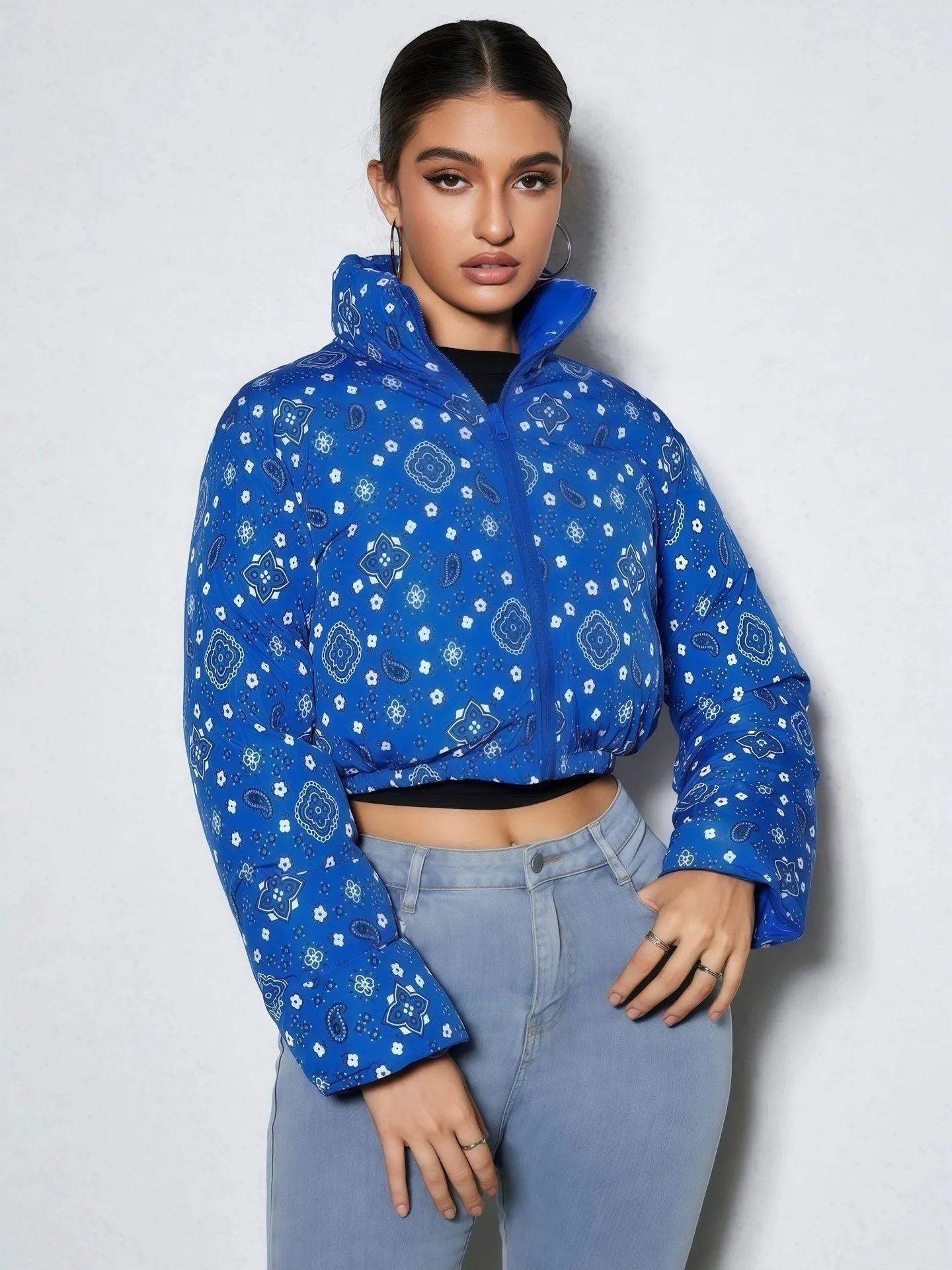 

Sexy Printed Zipper Short Cotton Jacket Sporty Casual Fit Women's Long Sleeve Coat Floral Pattern Thin Cotton Outerwear